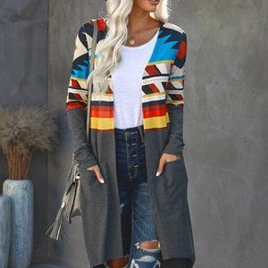 Gray & Red Geometric Pocket Hi-Low Open Cardigan (L) NWOT